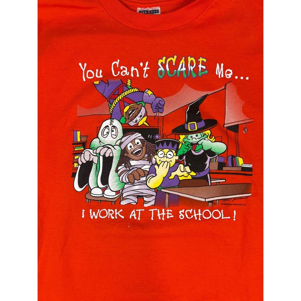 Jerzees Vintage Halloween Teacher Graphic Tee Retro Spooky School Orange Medium